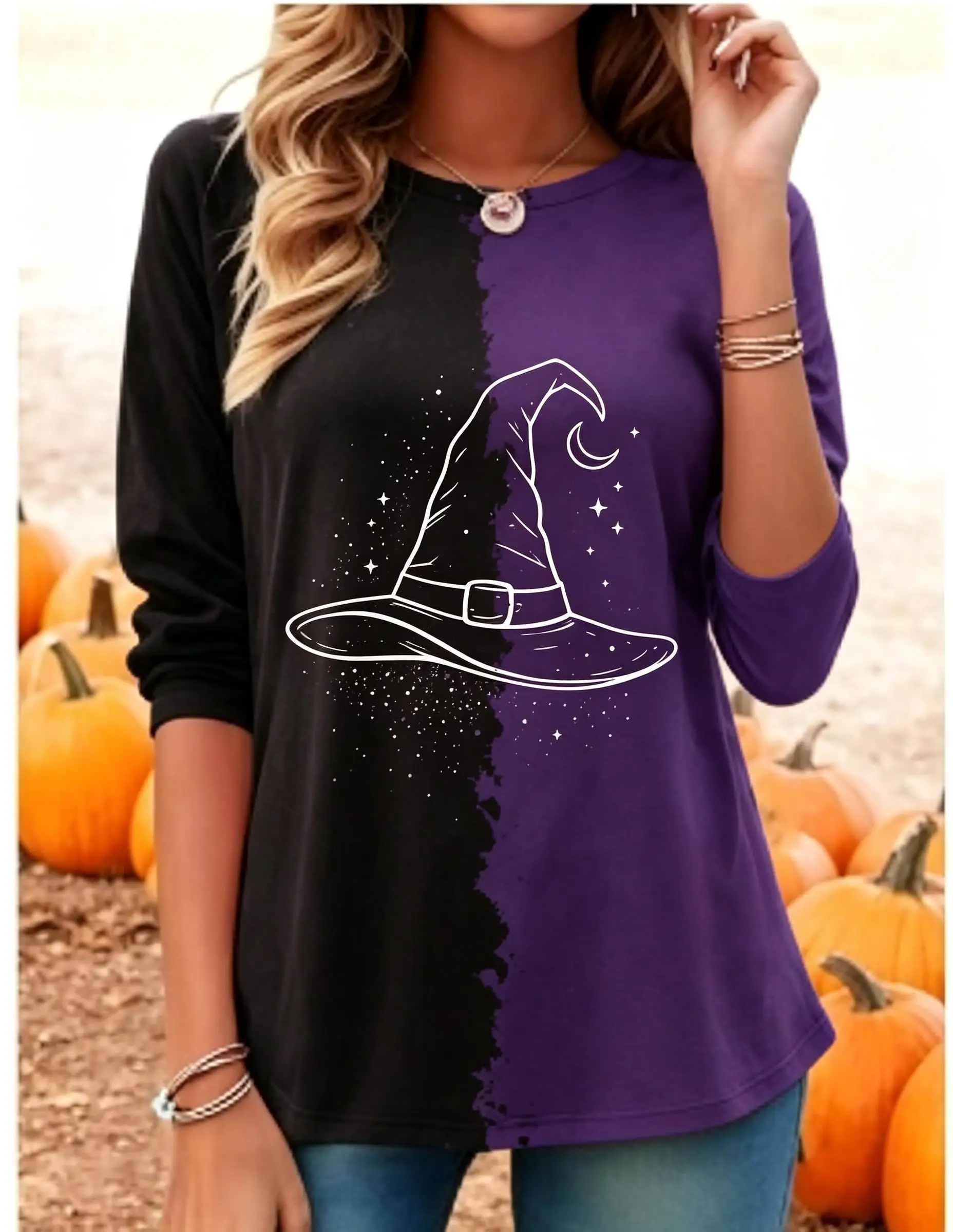 Artistic Retro Hand-Drawn of Fish Print Long Sleeve T-Shirt Round Neck Fresh Individual Top Casual Shopping Outing Wear