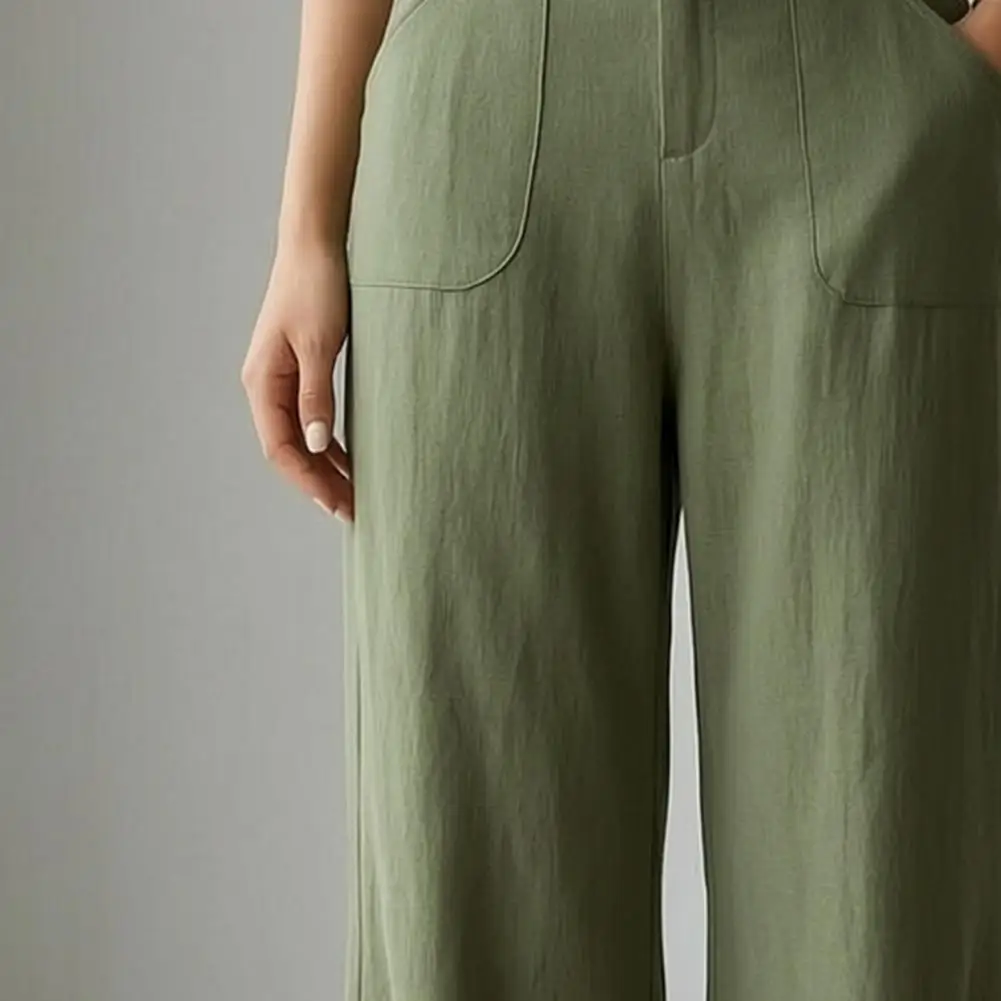 Wide Leg Trousers Cotton Linen Wide Leg Pants for Women Loose Fit Button Waist Trousers Solid Color Palazzo Pants with Pockets