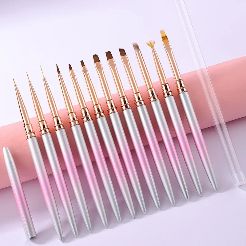 12Pcs Nail Brushes Set with Pink Ombre Handle, Full Collection for Nail Design Liner Blending Gel Painting