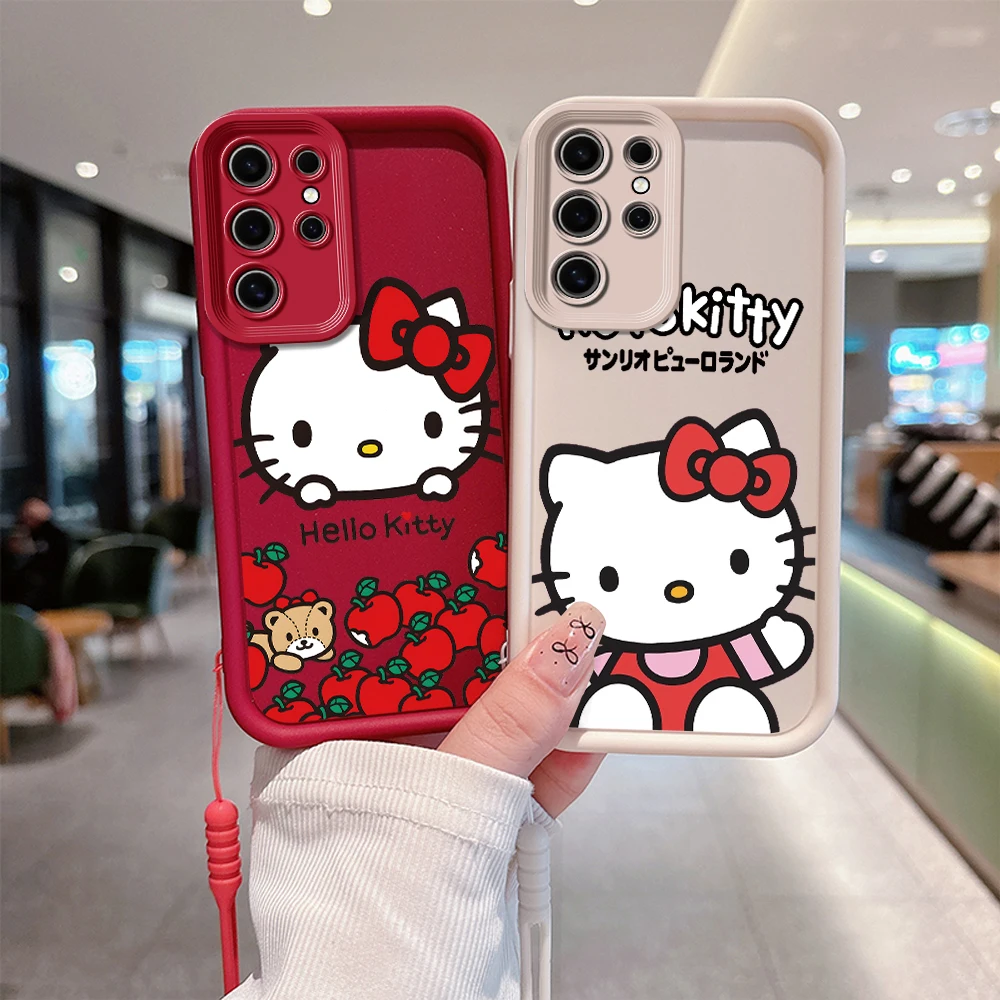 Cute Hello Kitty Red Apple Phone Case for OPPO A5 A7 A17 A38 A53 A54 A55 A58 A72 A74 A76 A78 A94 A98 4G 5G Cover With Hand Strap