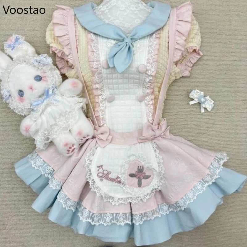 

Sweet Cute Lolita Style Skirt Set Women Kawaii Bow Blouse Tops Embroidery Apron Strap Skirts Suits Female Korean Y2k 2 Piece Set