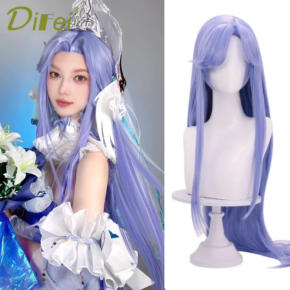 DIFEI Bluish Violet Long Straight Synthetic Wig game Honor Of Kings-Da Qiao Cosplay Holiday Wig Three-seven Bangs Straight Wig