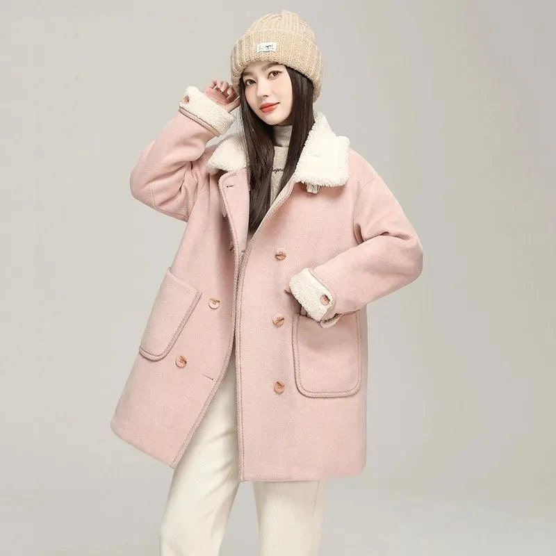 

2026 New Spring Autumn Women's Woolen Coat Mid Long Cotton Padded Jacket Turndown Collar Double Breasted All-match Outwear Trend