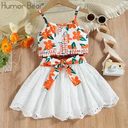 Humor Bear Girls' Summer European and American Style Hanging Strap Print Lace Edge Top Hollow Lace Half Skirt Set