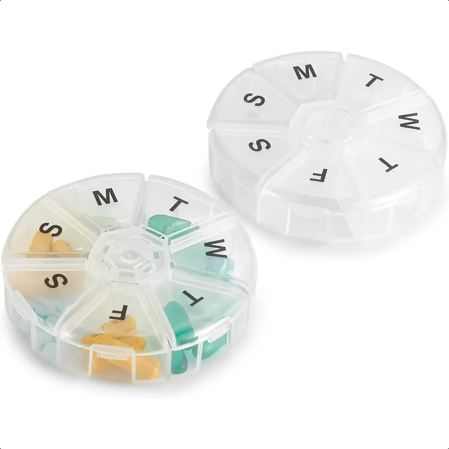 

Weekly Pill Organizer Pack of 2 7 Day Pills Container Round Medicine Organizer Box Daily Week Pill Reminder Case Travel Friendl