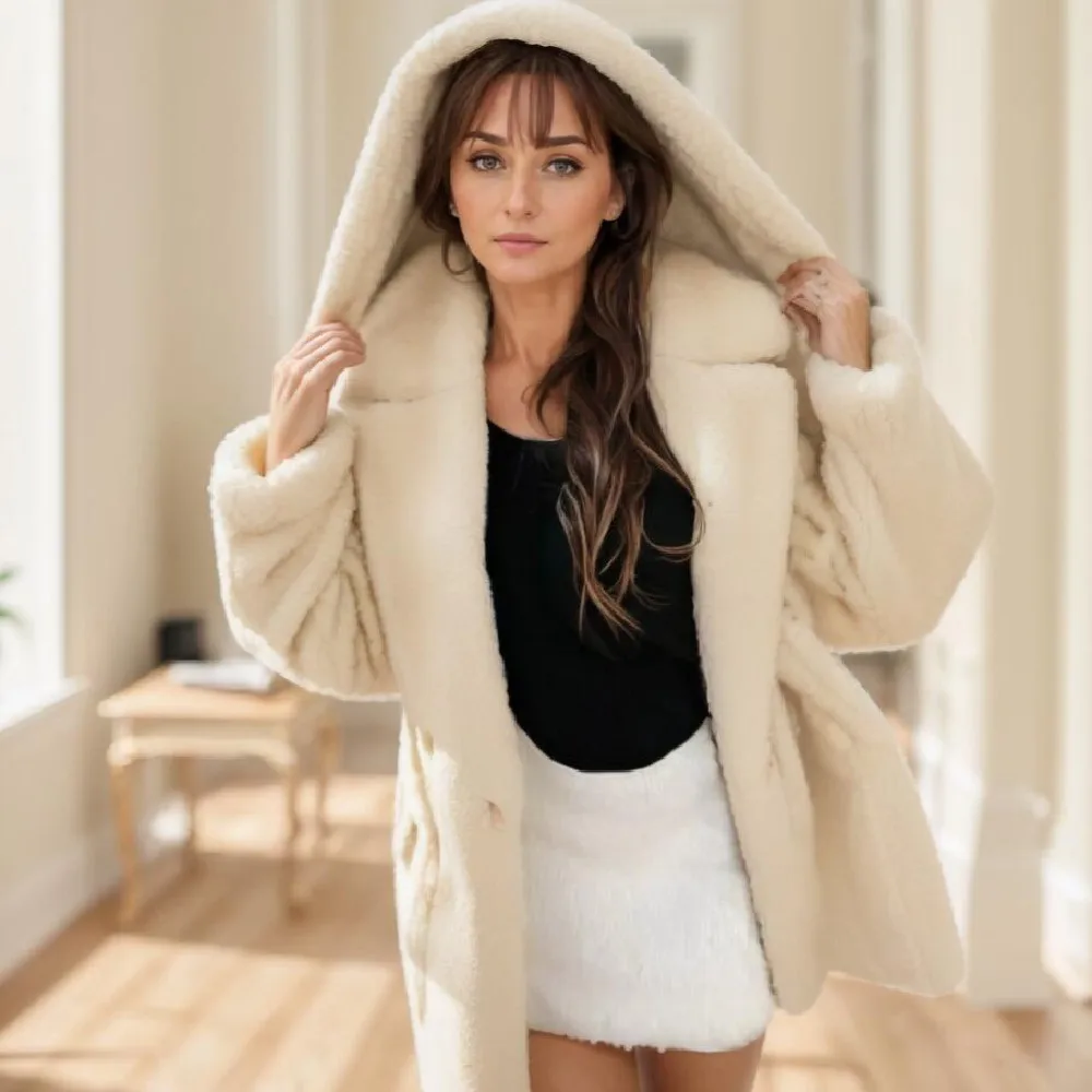 Invierno blanco lechoso bolsillos lazo fajas con capucha conejo abrigo de piel sintética CHILL manga larga mujeres cortas peludas prendas de vestir exteriores de gran tamaño