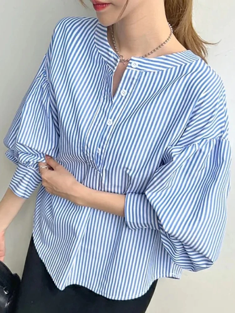 

New Women's Shirt, Loose Fit, High-end Feel, Available in 7 Colors, Striped Lantern Sleeve Top for Women.