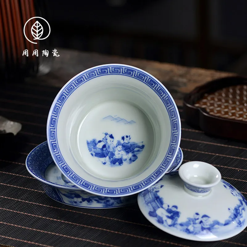 High-End Jingdezhen Snuff Bottles with Pictures inside Horseshoe Gaiwan Non-Scald Tea Brewing Bowl Household Porcelain Set