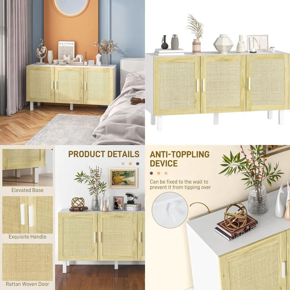 

Тумба-буфет из ротанга с регулируемыми полками, белая и натуральная отделка, для кухни и гостиной