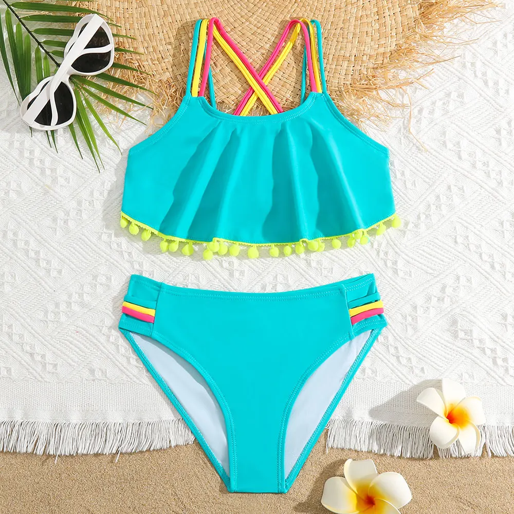 Girls Solid Ruffle Flounce Bikini Swimsuit Kids Criss Cross Back Two Piece Children\'s Swimwear 5-12 Years Bathing Suit Beachwear