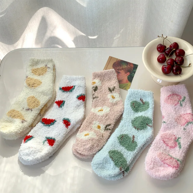 Woman Winter Autumn Plush Socks Girls Sweet Fruit Print Thick Sock