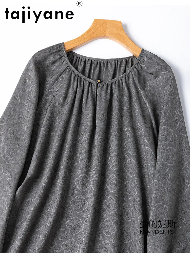 

TAJIYANE 100% Mulberry Silk Blouse for Women Grey Mid Length Blouses Lantern Sleeve Spring Tops Woman Clothes 2026 camisas