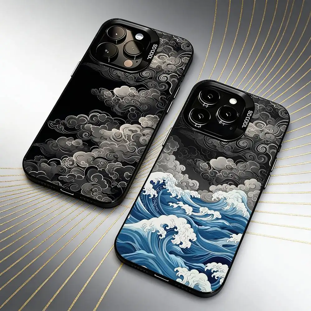 

Japanese Ukiyo-e Waves Parinting Phone Case For iPhone 16 17 15 14 12 13 Pro Max Black Candy Matte Shockproof Cover