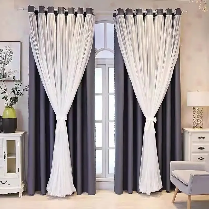 

FF1037 Bedroom blackout simple curtains finished living room bay window white gauze