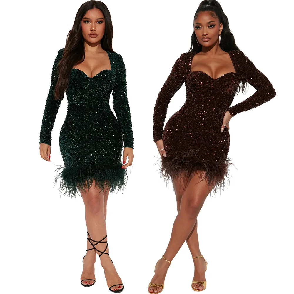 

2023 New Arrival Famous Brand Dress Women Solid Sequins Square Neck Feather Hem Sexy Club Mini Party Dress Vestidos