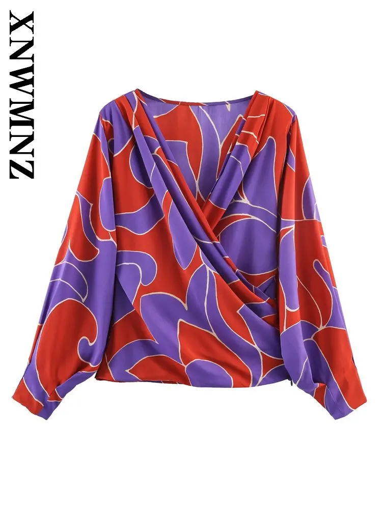 

XNWMNZ 2026 Spring New Lady Party Simple V-Collar Satin Chiffon Blouse club Casual Summer Woman's Long Sleeve Chic Thin Slim Top