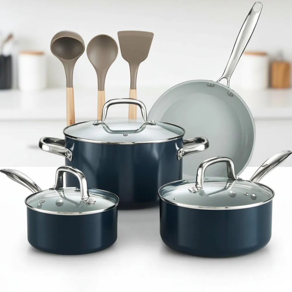 

10-Piece Non-Stick Ceramic Cookware Set, Induction Compatible Blue Pots & Pans with Utensils