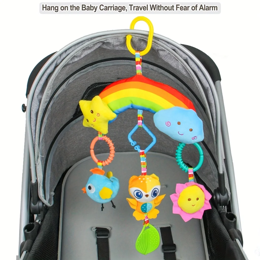 Rainbow Soothing Plush Toy Car Bed Hanging Bell, Cute Cartoon Creative Car Bed Hanging Rainbow Rattle