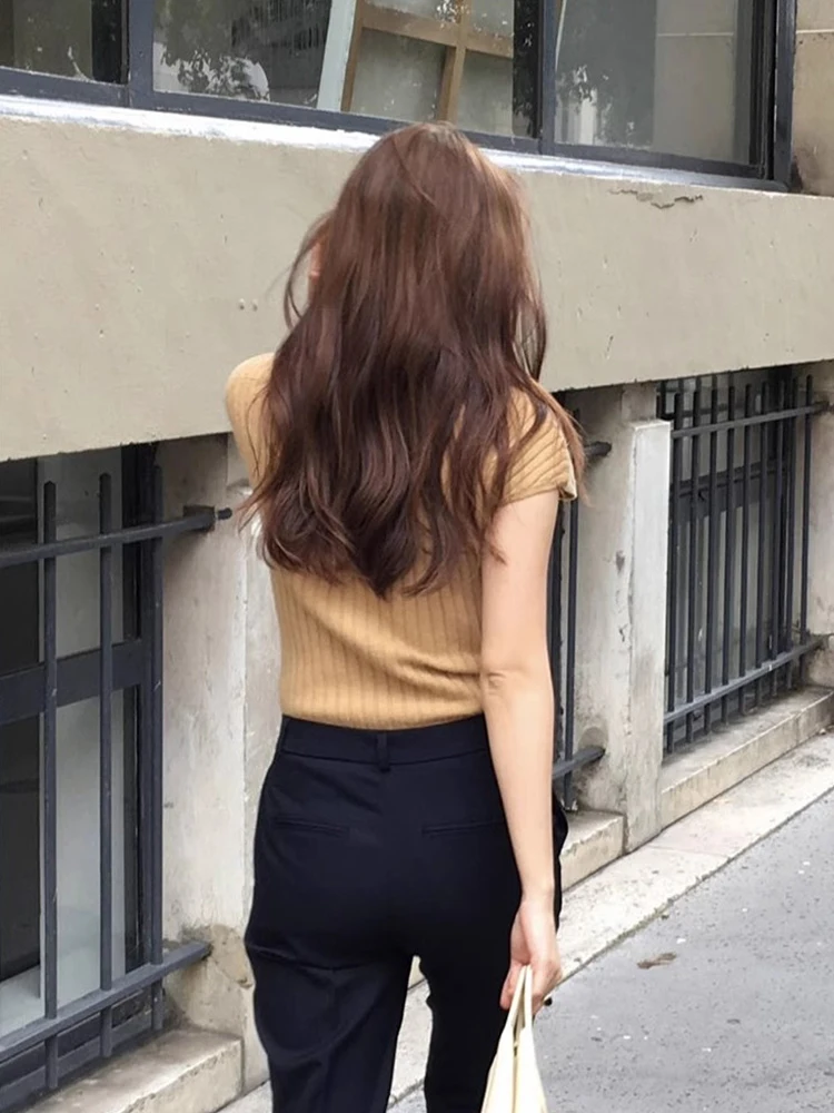 Ceco de Punto de Cuello Medio Alto, Suave y Cómodo para el Verano, Estilo Coreano, Sin Mangas, Estampado, para Mujer