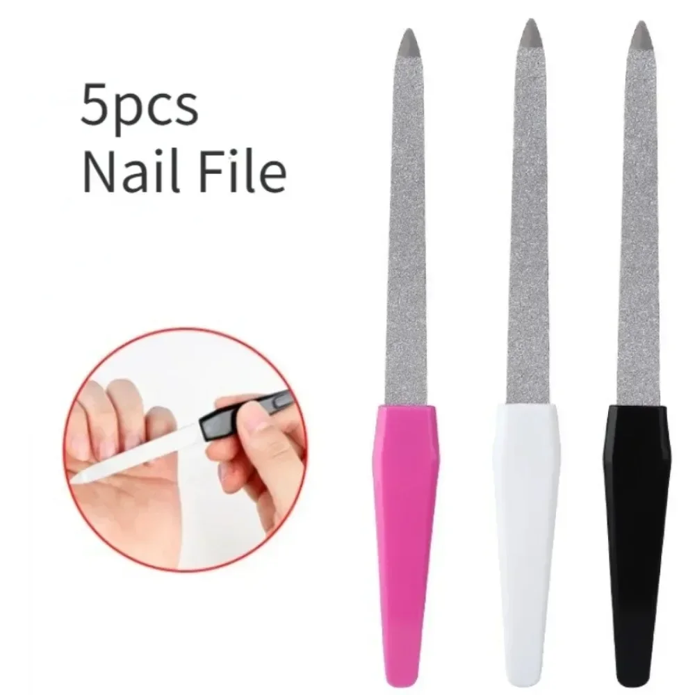 5pcs/set Double-Sided Nail Files Stainless Steel Handle Strong Edge Manicure Sharpening Nail Grooming Nail Pedicure Tools