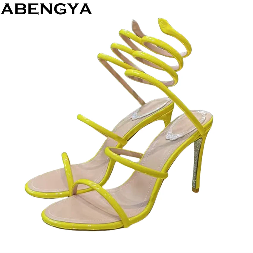 

ABENGYA сандалии на тонком каблуке со змеиным ремешком на щиколотке, женские подиумные кожаные туфли на высоком каблуке для вечеринок, женские сандалии-гладиаторы с одним ремешком
