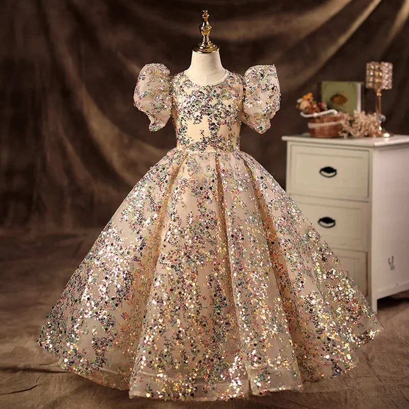 

Girls Puff Sleeve Sequin Embellished Tulle Gown Ideal For Flower Girl Duties Birthday Celebrations Piano Performances And Weddin
