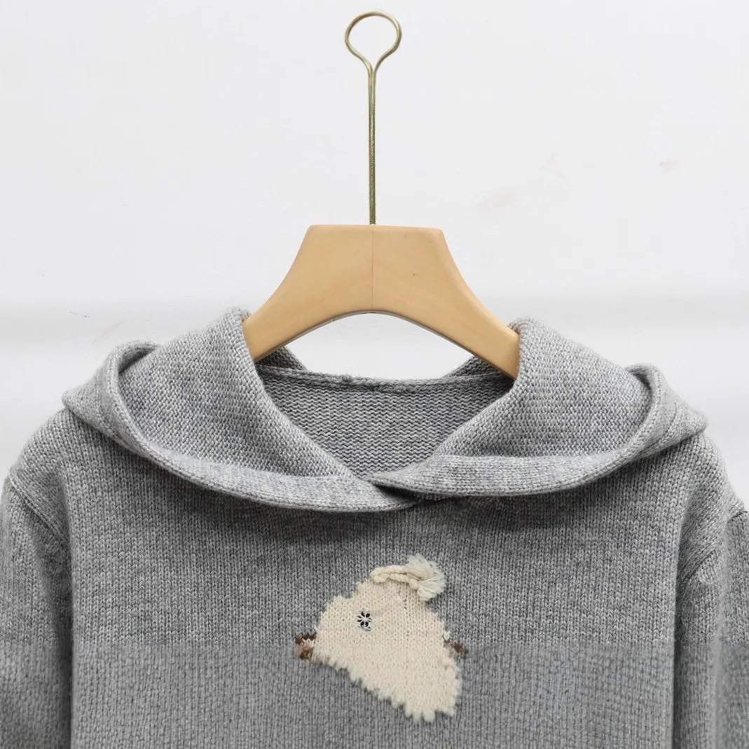 2025 New Heavy Craft Wool and Cashmere Cartoon Bear Hoodie, Preppy Style Youthful Sweater for Young Wome