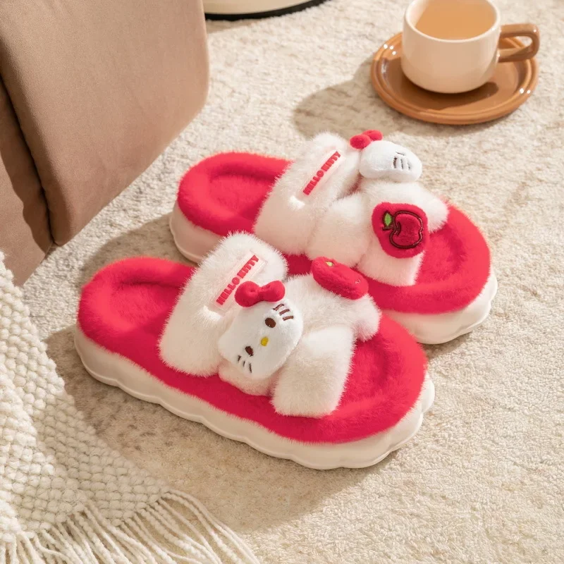 Genuine Sanrio Kuromi Hello Kitty Plush Slippers My Melody Warm Winter Indoor Slippers Flat Casual Non-slip Girl Home Shoes