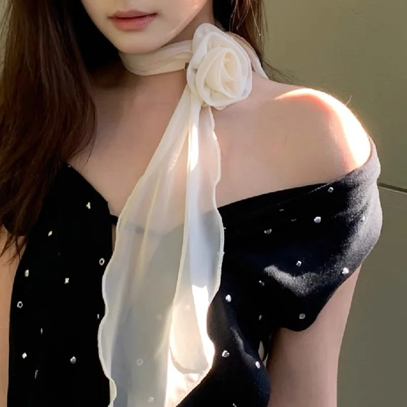 

Trendy Rose Flower Long scarf For Y2k Spicy Girls Neck Scarf Bag Ribbon Chiffon Floral Choker Streamer Women Girls Scarf Gifts
