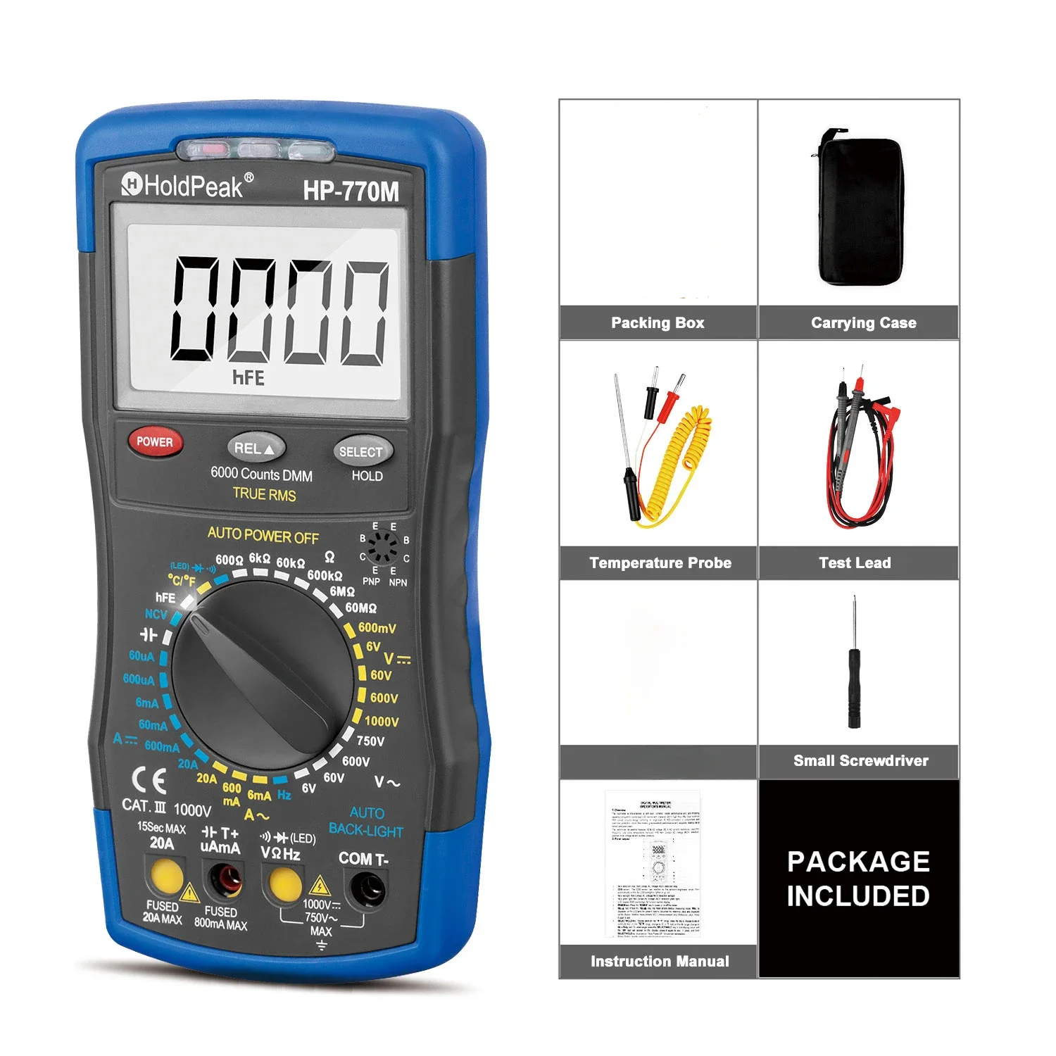 HoldPeak Digital Multimeter HP-770M Auto Range RMS Detector AC/DC Ammeter Voltmeter Ohm NCV HFE Transistor Tester multimetro