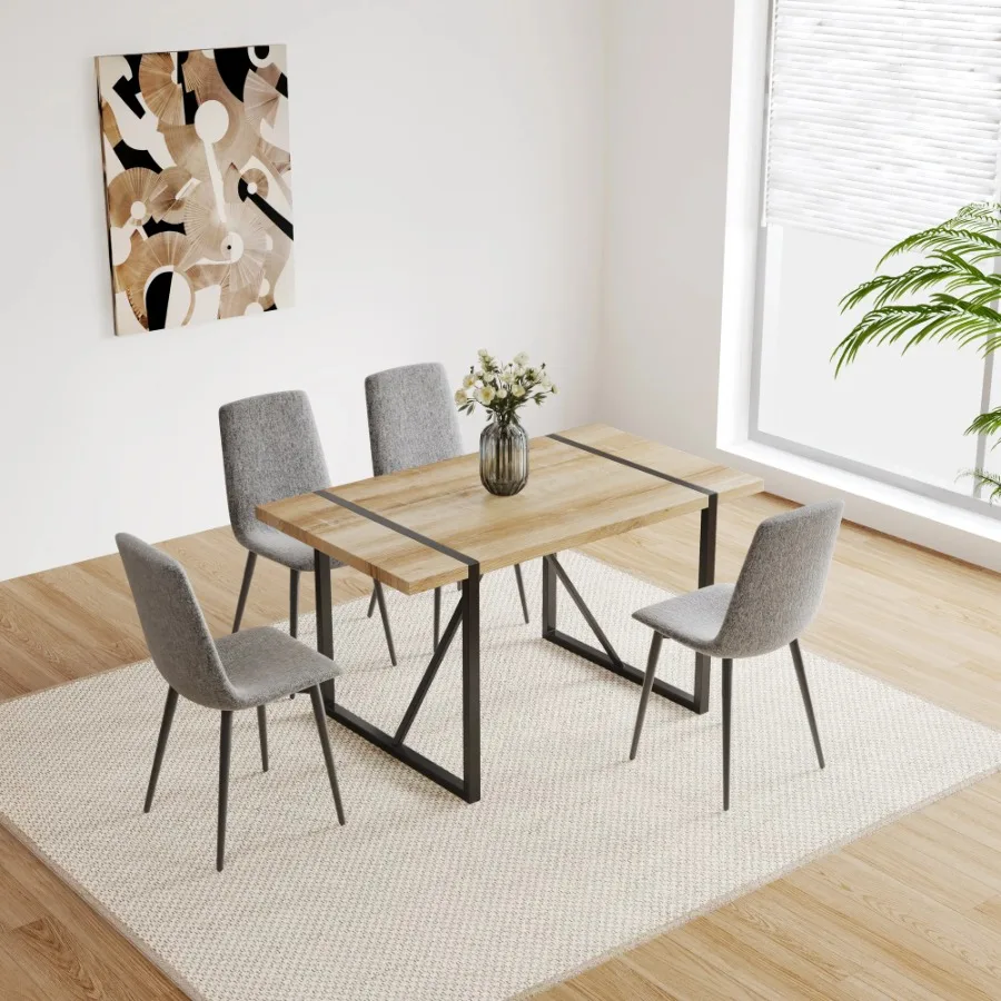 

MDF Wood Colour Dining Table Set of 4 Modern Kitchen Table Set Metal Base and Legs Linen Chairs for Dining Room