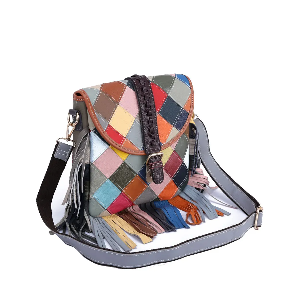 Multicolored Patchwork Sling Bags, Checkered Pattern Ladies Leather Shoulder Bag, Tassels Crossbody Bag for Women