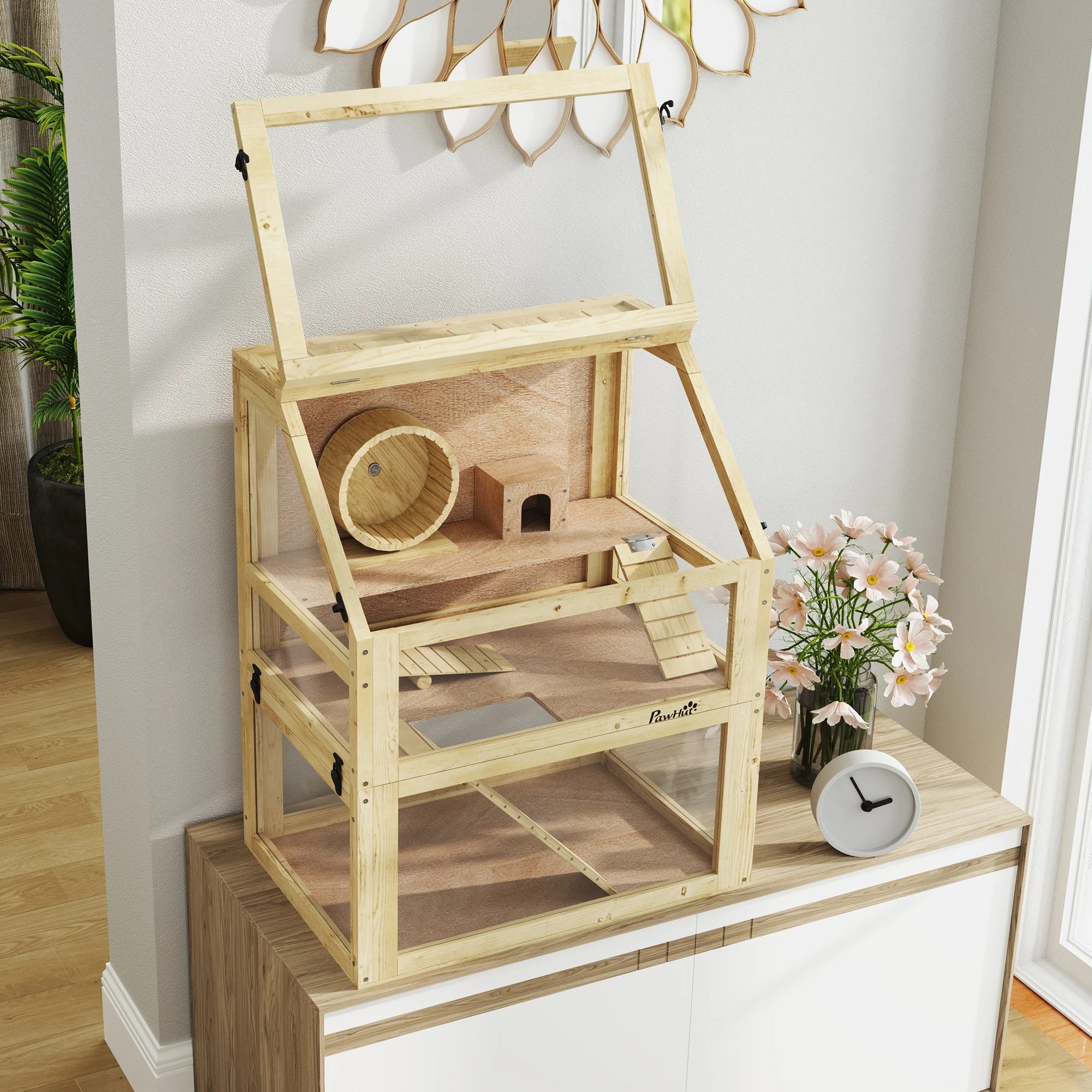PawHut Wooden Hamster Cage, 3 Tier Gerbil Cage with Detachable 32cm Deep Bottom, Hut, Seesaw,Ramps Natural Wood Finish