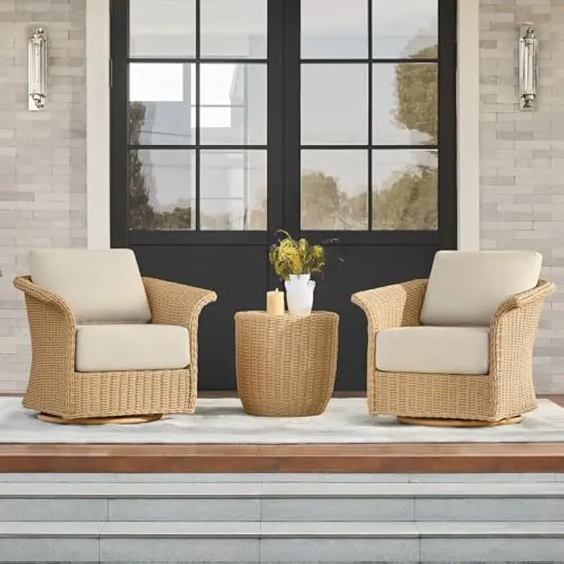 3-Piece Outdoor Bistro Set Featuring Swivel Chairs with Ergonomic Backrests and Removable Waterproof Cushions – PE Wicker on Rus