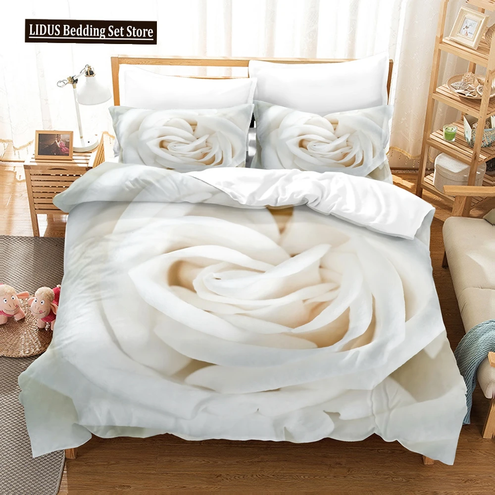 

Rose Flower Bedding Set 3D Print White Petals Valentine's Day Gift For Couple Lover Comforter Cover King Full Size Duvet Cover