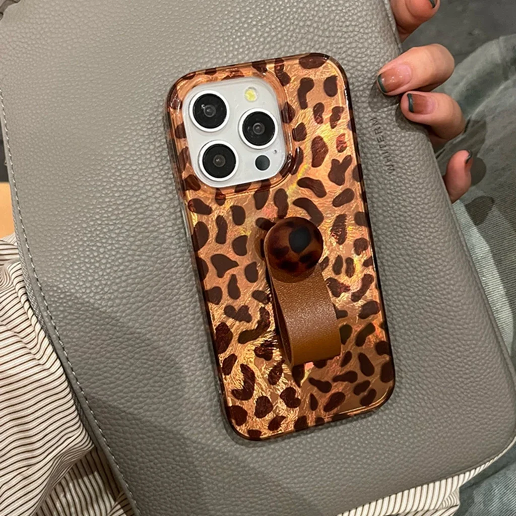 Retro Illusion Color Brown Leopard Print Stereoscopic Bead Ring Buckle With Holder Cover Case For iPhone 16 15 14 13 12 Pro Max