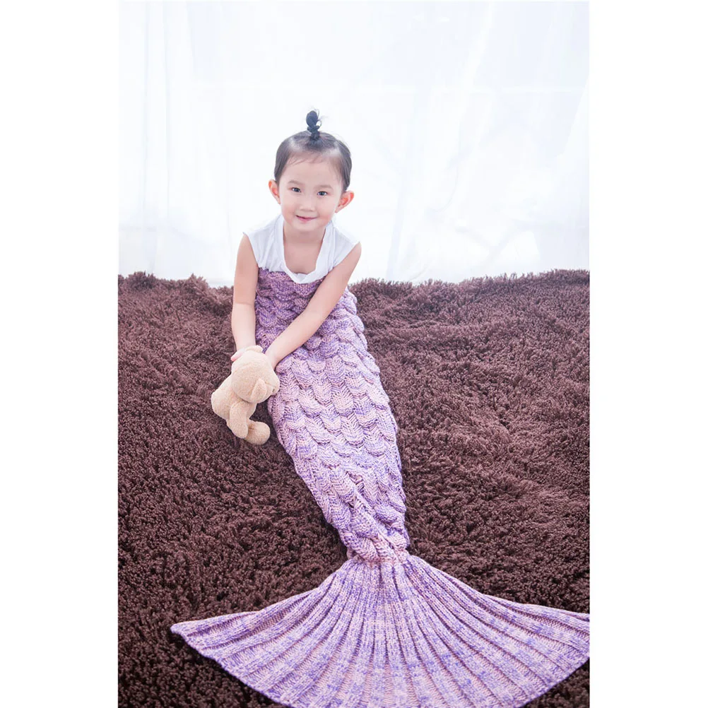 Mermaid Tail Blanket Purple Eco-Friendly Acrylic Fiber Soft Skin-Friendly Warm For Kids Non-Pilling Shrink-Proof Hand