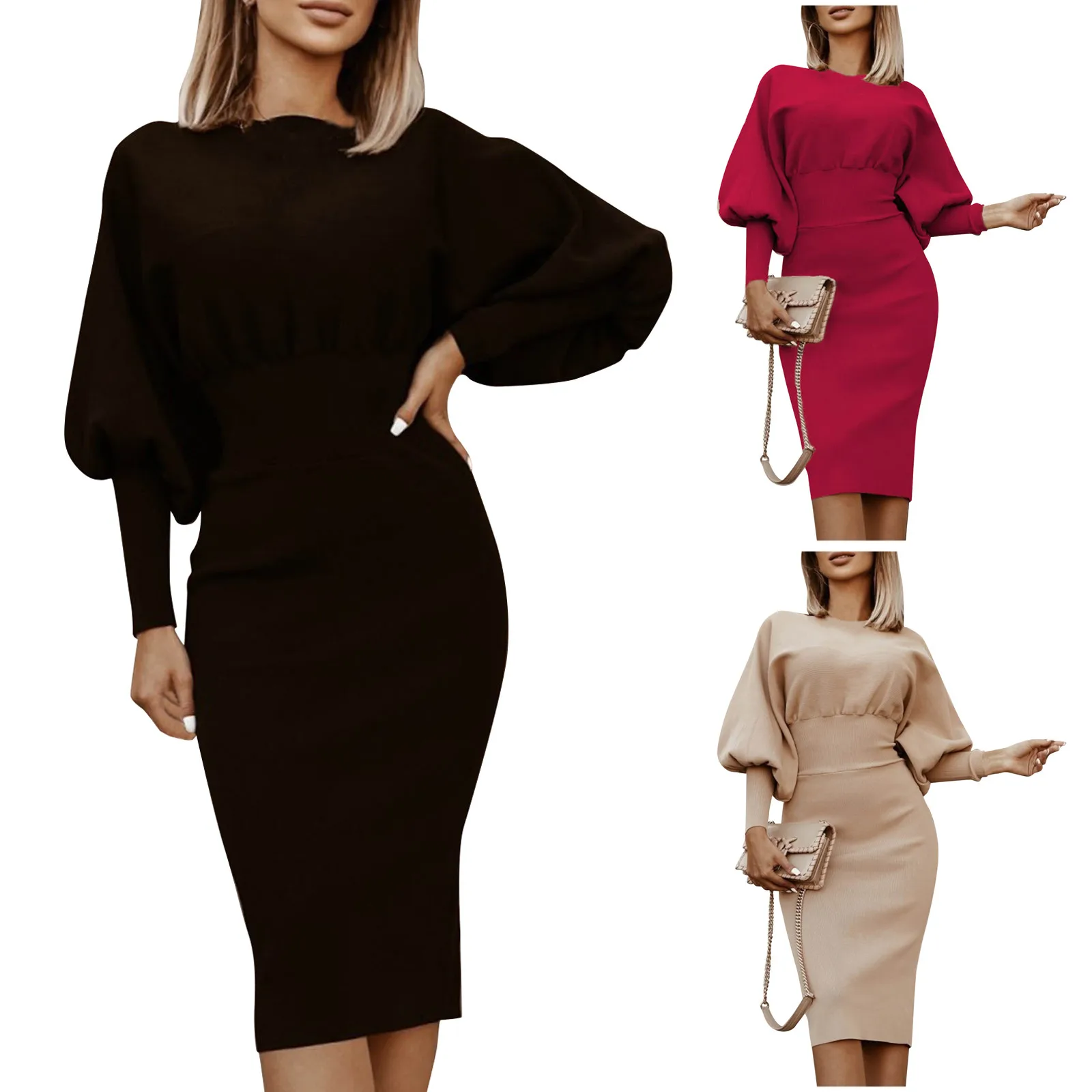 Women's Fashion Casual Long Sleeve Round Neck T-Shirt One-Step Skirt Solid Color Two-Piece Dress Set Dress 2023