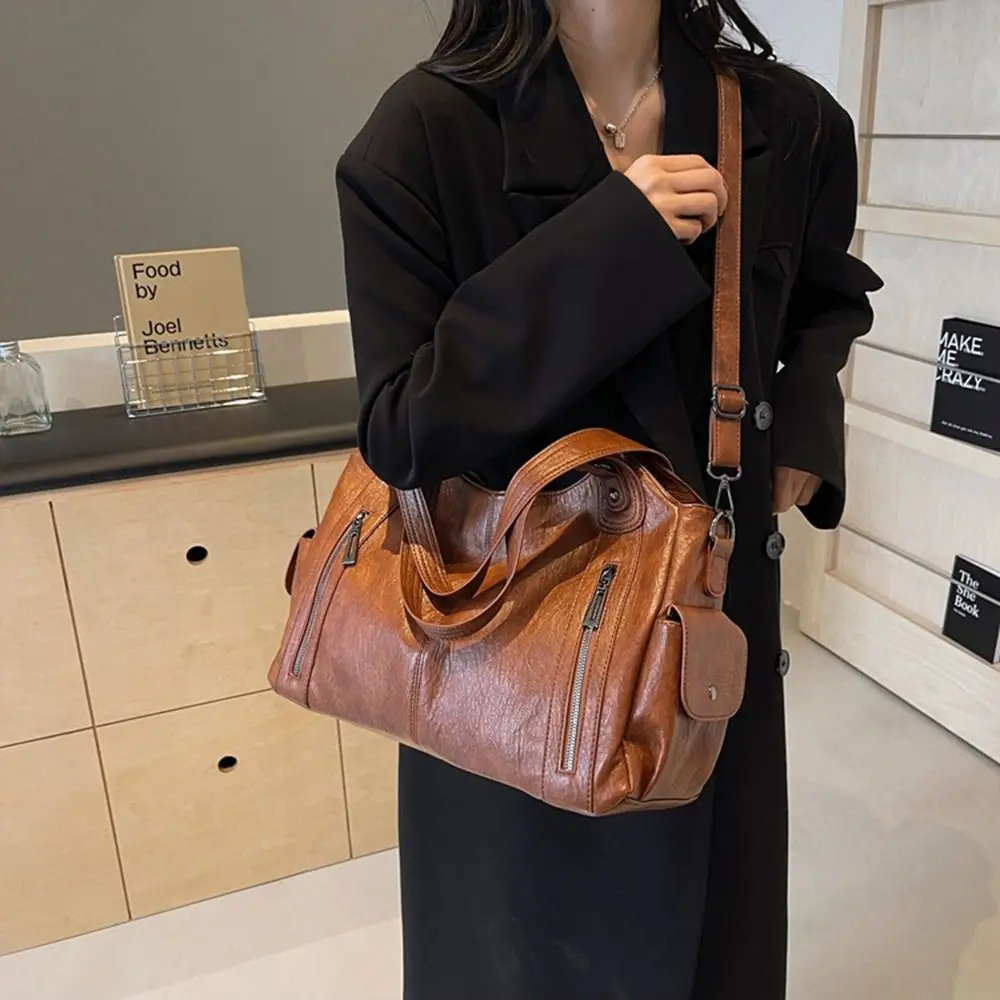 

Stylish Retro PU Shoulder Bag Locomotive Style Soft Commuting Handbag Large Capacity Waterproof Underarm Tote Bag Daily