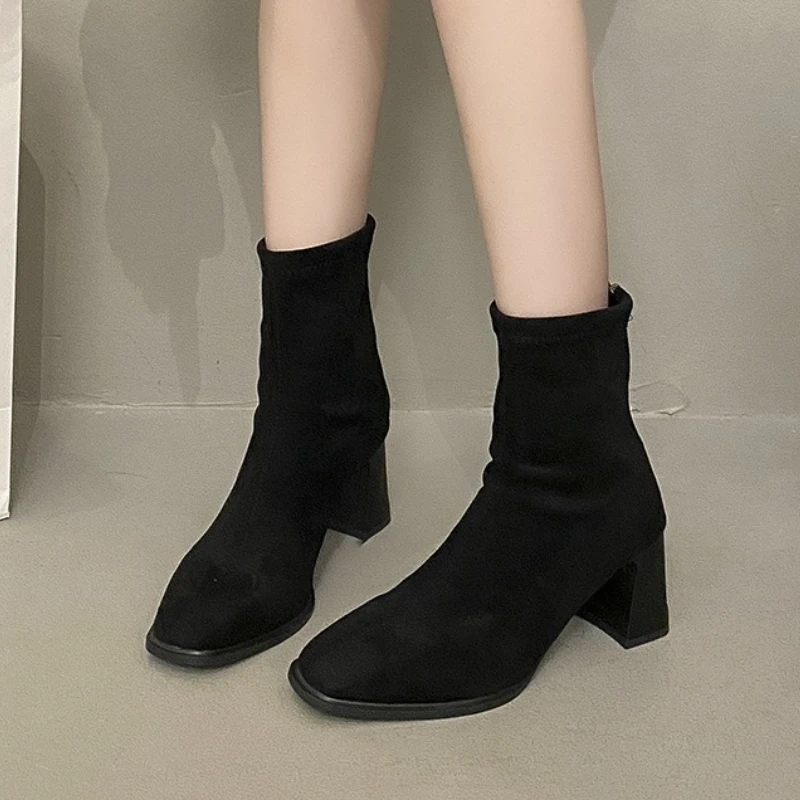

Women's Mid-Calf Boots Luxury Suede Women Boots Side Zip Elastic Fashion Boots High Quality Elegant High Heels Women Shoes 2025