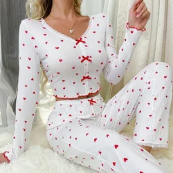 European and American cross-border loungewear crimped love V-neck long-sleeved pajamas women can wear trousers two-piece set