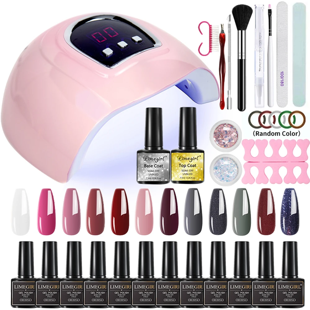 

LIMEGIRL 12 Color Gel Nail Polish Set with UV LED Light Dryer Gel Polish Tool Semi-Permanent Soaking Varnish Gel Kit