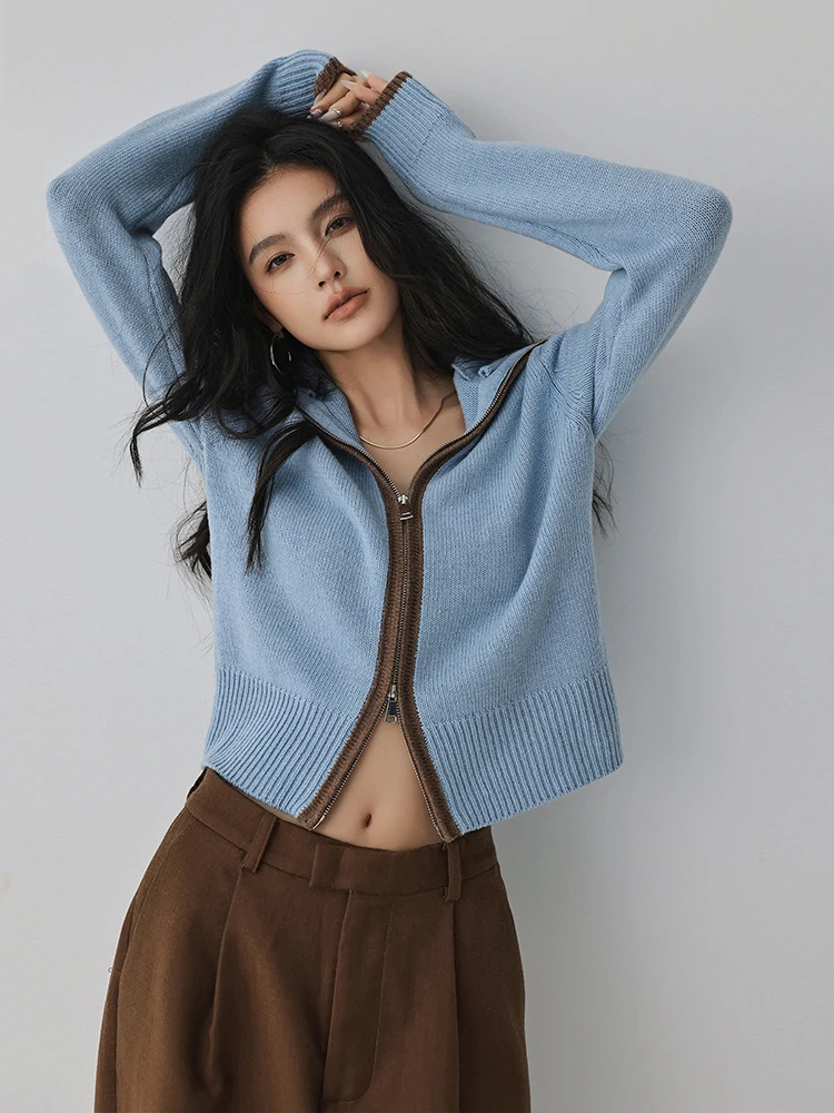 

Fre up Retro Color Blo Woolen Knitted ort Open Cardigan Women's Double Zipper Faionable Sweater Jaet Casual Loose Fit