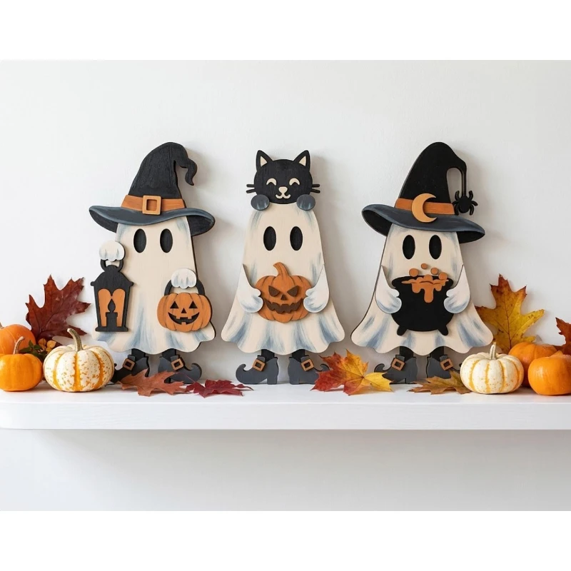 Halloween Wooden Ghost Witch Upright Plaque Table Centerpiece Décor Spooky Party Ornament for Festive