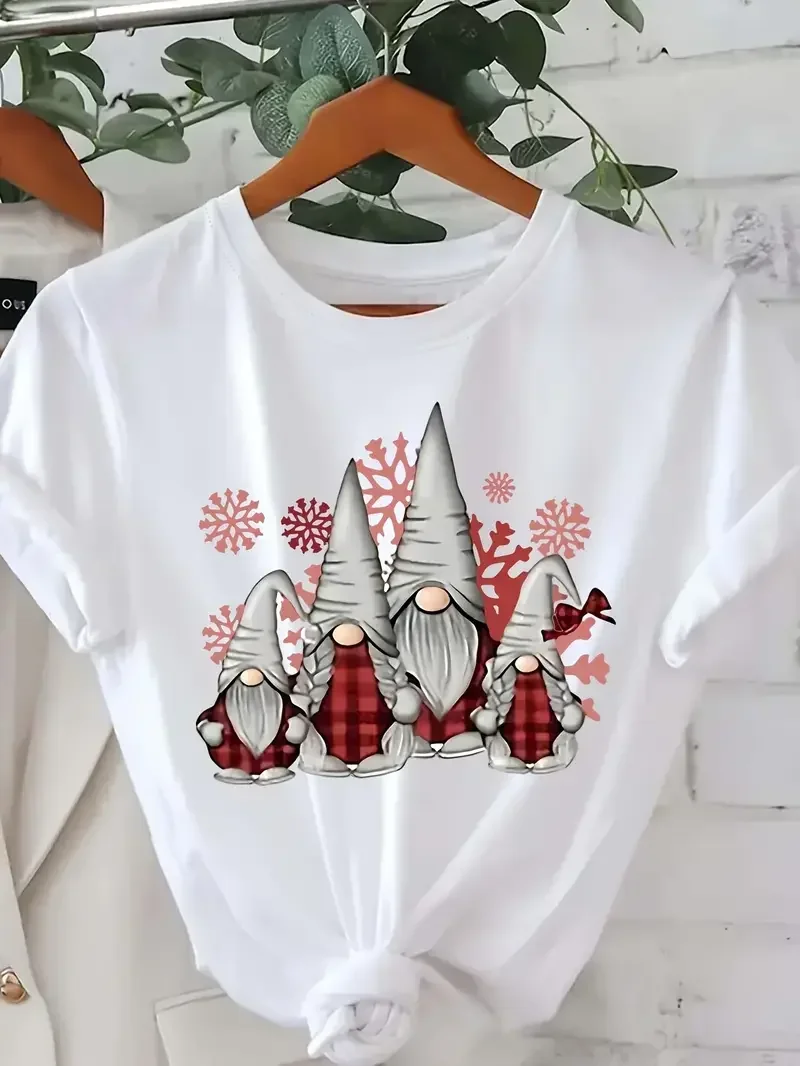 2026 عيد الميلاد جنوم الجرافيك تي شيرت قصير الأكمام الجولة الرقبة رداء علوي غير رسمي قابل للغسل عطلة حفلة المحملة للنساء مضحك جنوم هدية