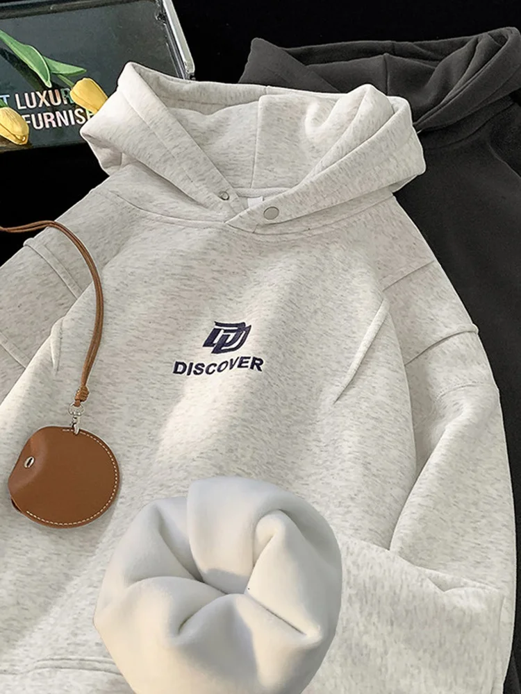 

Мужская толстовка-худи с начесом и вышивкой, утепленная зимняя куртка, новинка 2024 года, молодежная модная повседневная толстовка с длинным рукавом