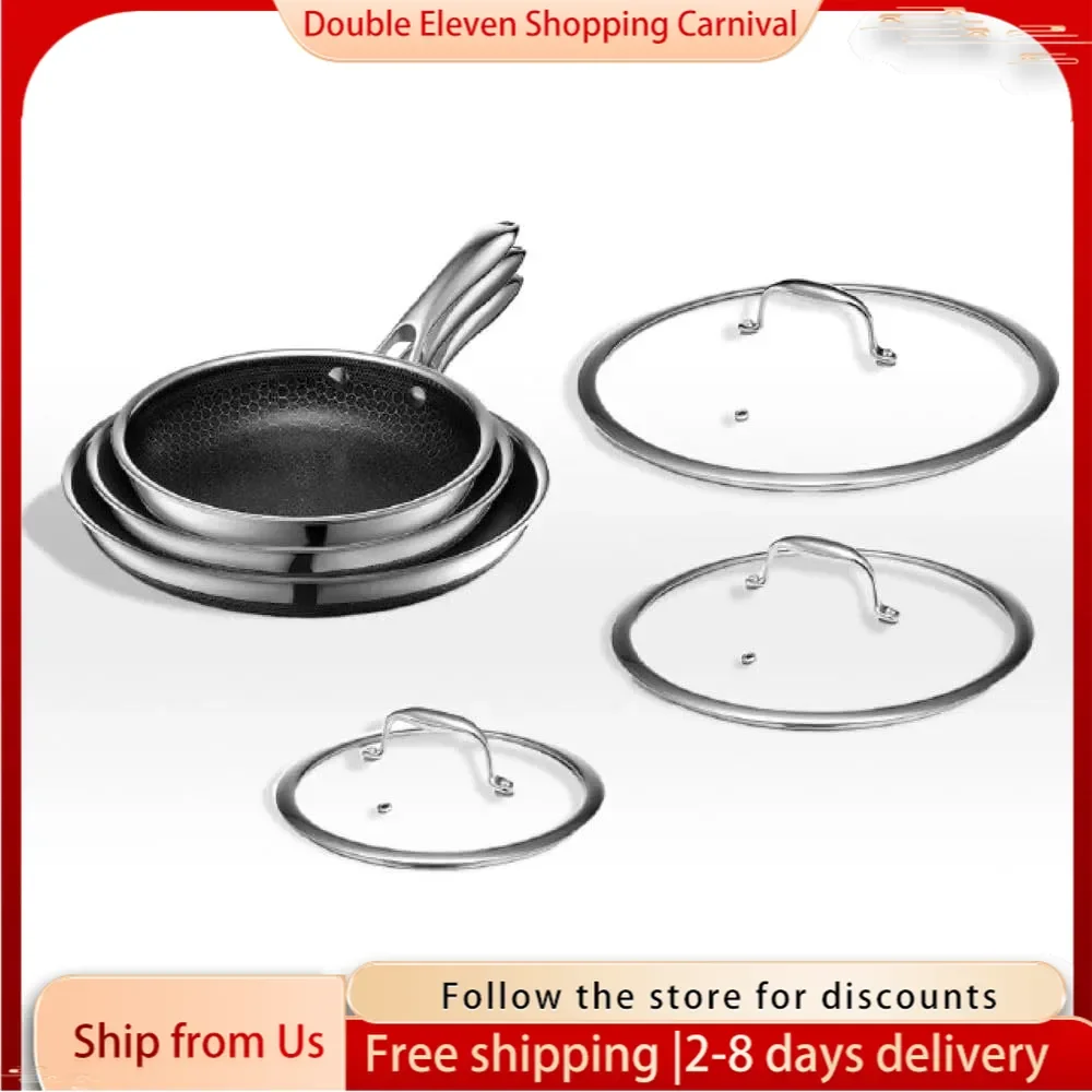 Hybrid Nonstick 6-Piece Fry Pan Set, 8, 10 and 12-Inch Frying Pans with Tempered Glass Lids, Stay-Cool Handles,