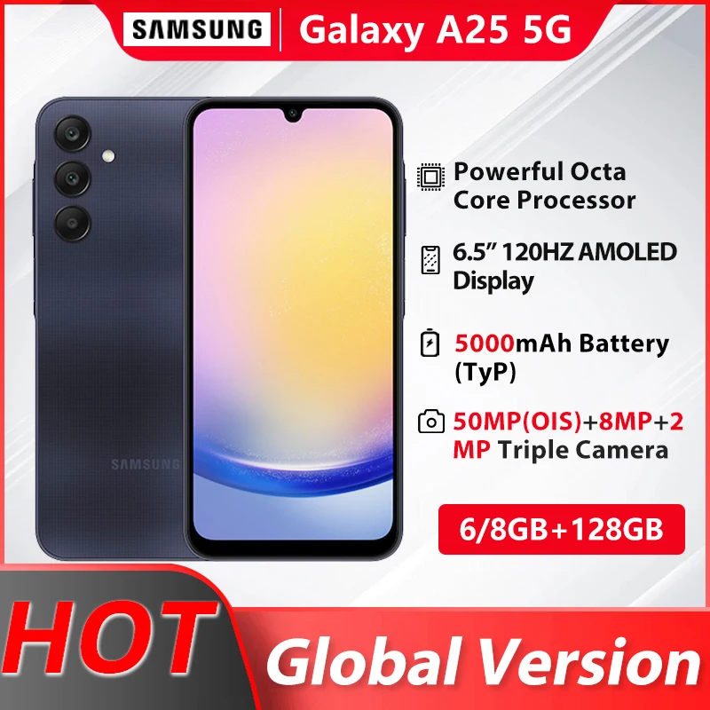 Samsung Galaxy A25 5G NFC Smartphone Octa Core 6.5'' 120Hz AMOLED Display 50MP OIS Triple Camera 5000mAh Battery Mobile Phone