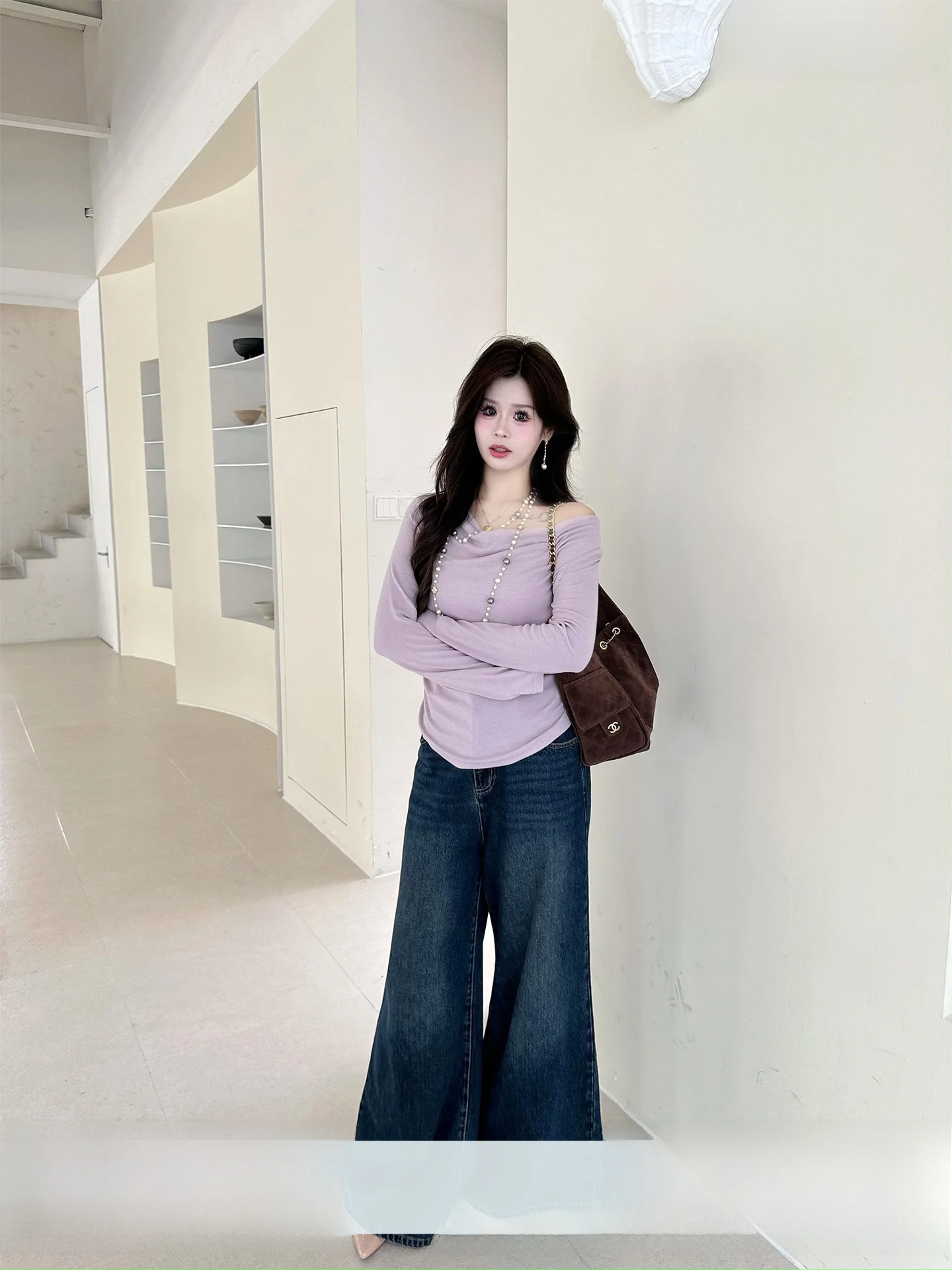 

Свободные джинсы-клеш с высокой талией в американском ретро-стиле, повседневные женские джинсы с высокой эластичностью, удобные длинные брюки