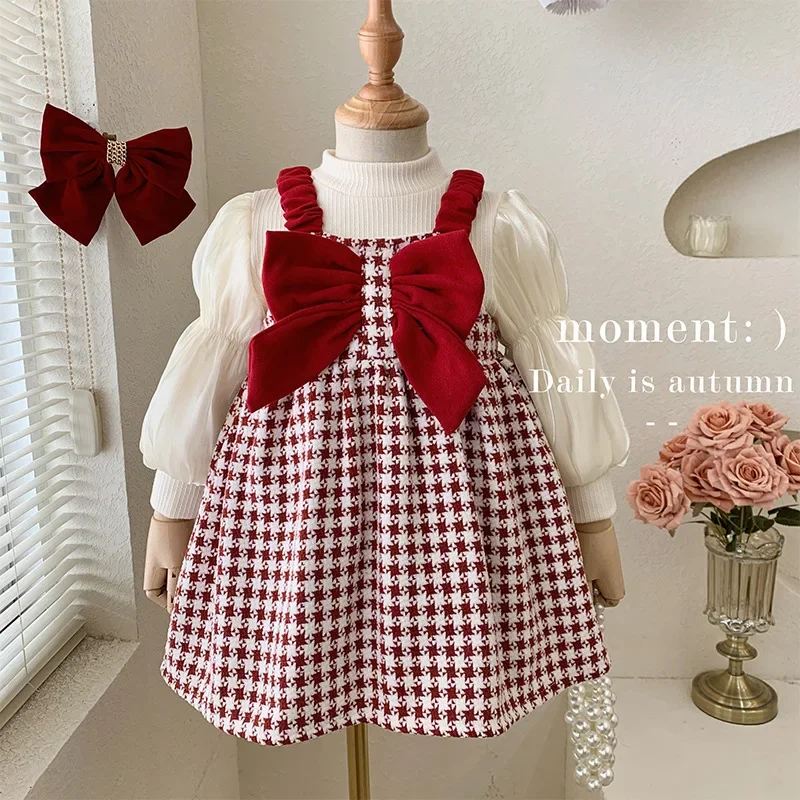 

2023 New Dress Long Sleeve Plus Velvet Princess Skirt Baby Two Dresses Girls Clothes Set Autumn and Winter